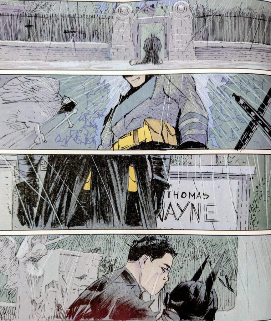 Four panels depicting Absolute Batman entering a graveyard and visiting the grave of Thomas Wayne. He removes his cowl to reveal he appears to be crying.