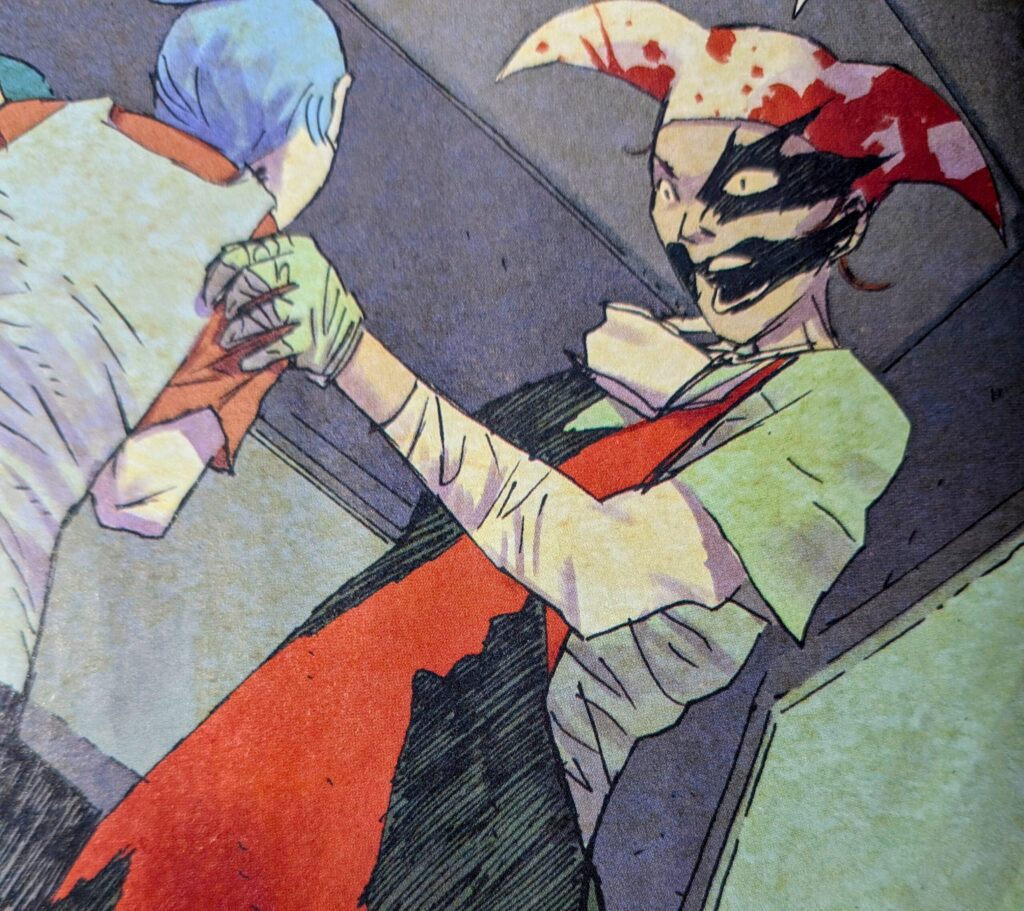 A young Absolute Harley Quinn looks up at her mother dressed as a medical horror version of a jester.