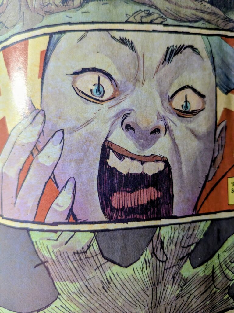 A young Absolute Harley Quinn screaming at the horrors she finds under her closet.