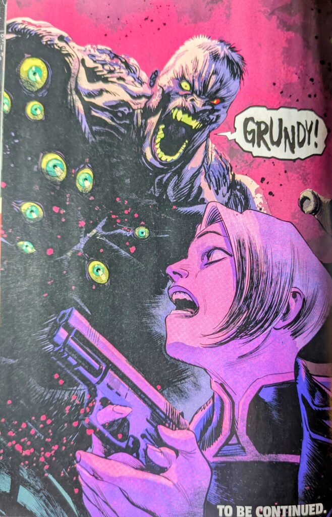 Absolute Solomon Grundy covered in eyes yelling "Grundy!" looming over Absolute Black Canary armed with a pistol.