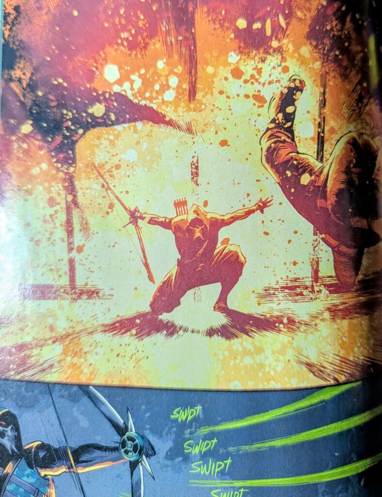 Absolute Green Arrow caught in a trap blows up the windows of the penthouse to fight his way out.