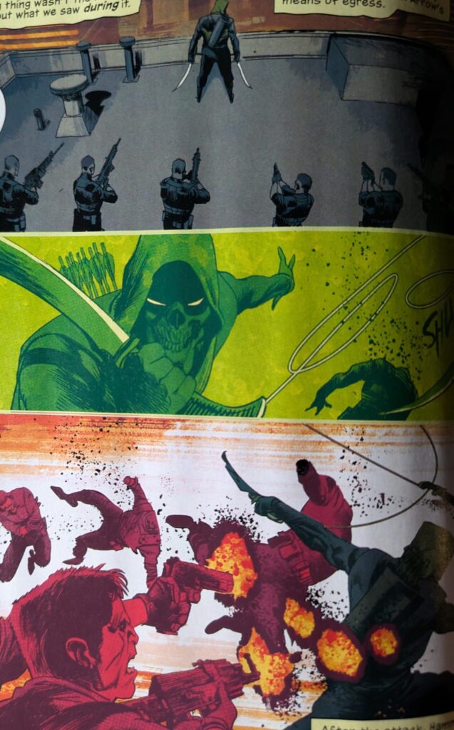 Absolute Green Arrow fighting his way out of being cornered on a roof.