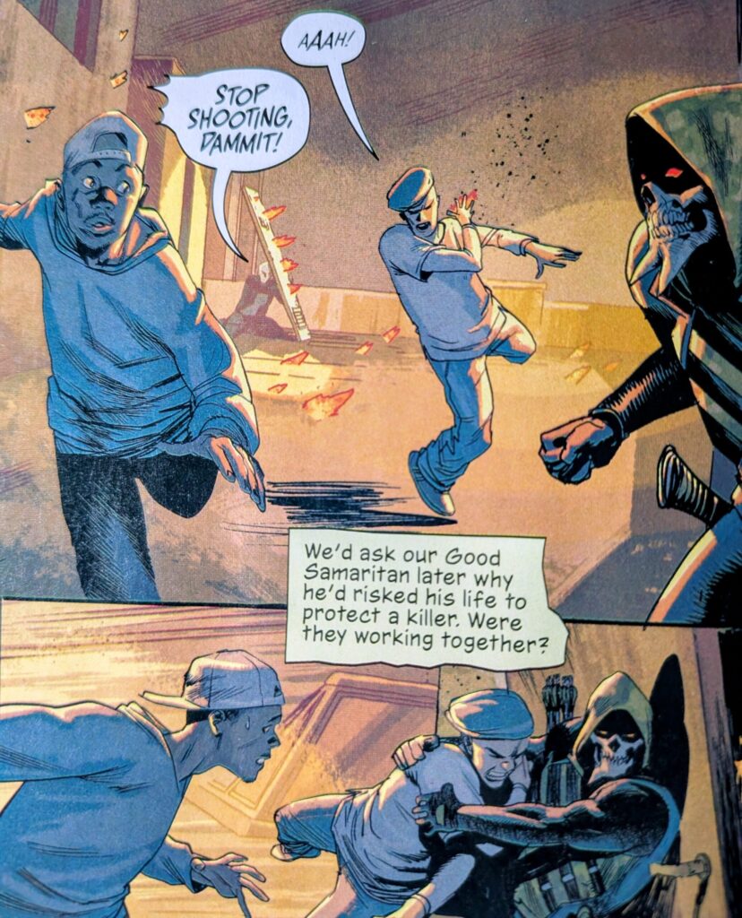 Two guys protect Absolute Green Arrow, even getting shot.