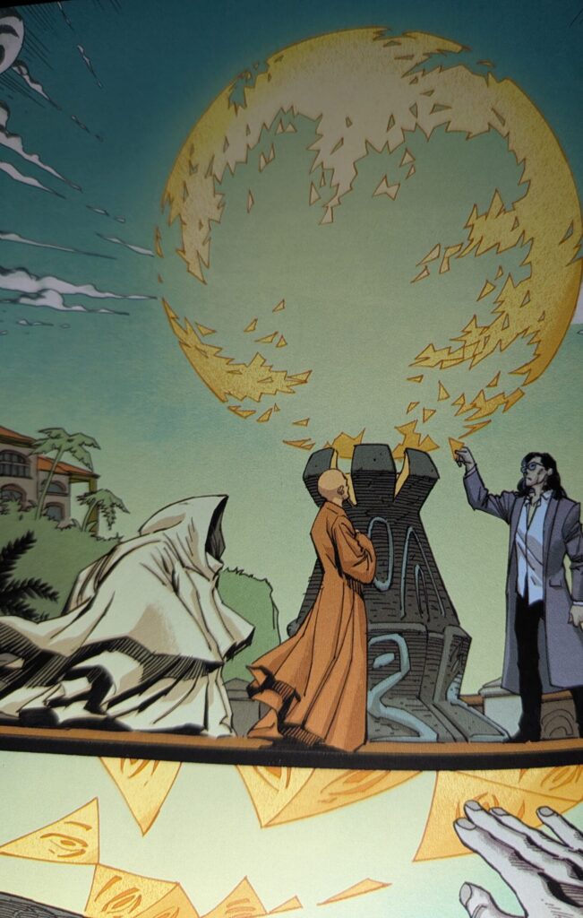 Members of the blue, seemingly good side, interacting with a mysterious orb like machine.