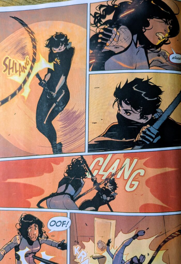 A few action panels showing Salena, Absolute Catwoman, fighting the person, absolute Cassandra Cain, that kidnapped Holly.
