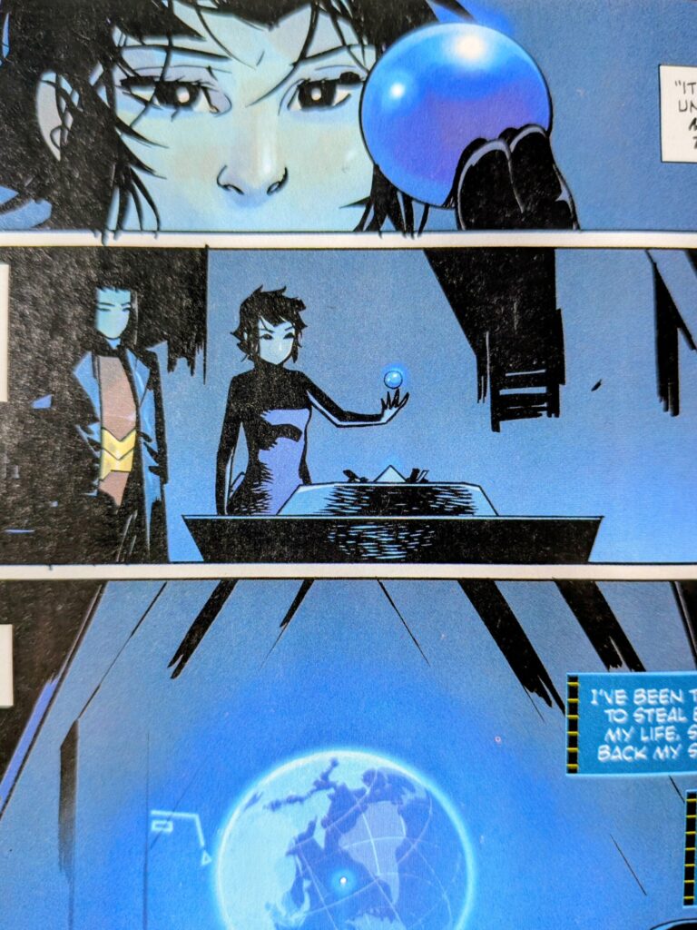 Panels showing the mystery orb being placed in some machine.