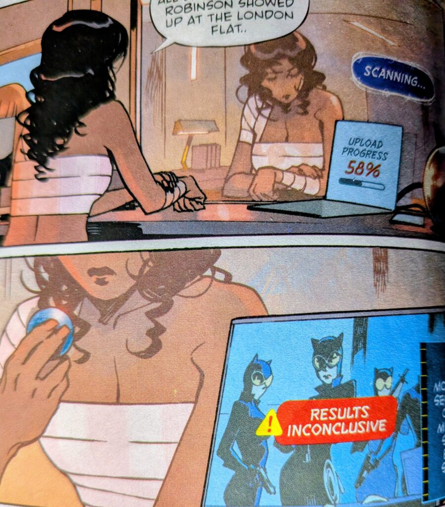 Absolute Catwoman bandaged up after her fight in issue 1 finding inconclusive results while tring to gather information on who attacked her and kidnapped Holly.