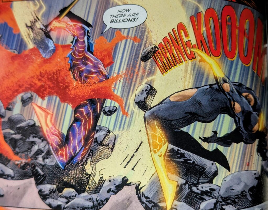 Absolute Superman smashing Absolute King Shazam with Iron's hammer, while trying to convince him to join him.
