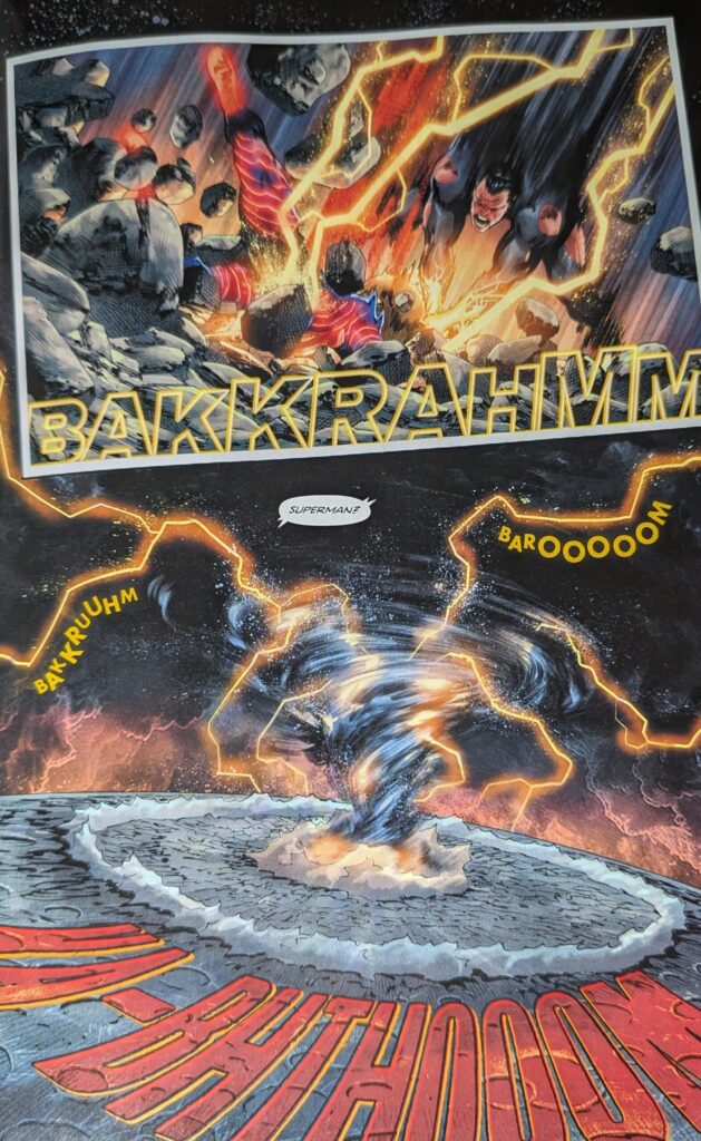 Action panels showing Absolute Superman fighting King Shazam in reds, blues, blacks, and yellows - creating a tornado on the moon.