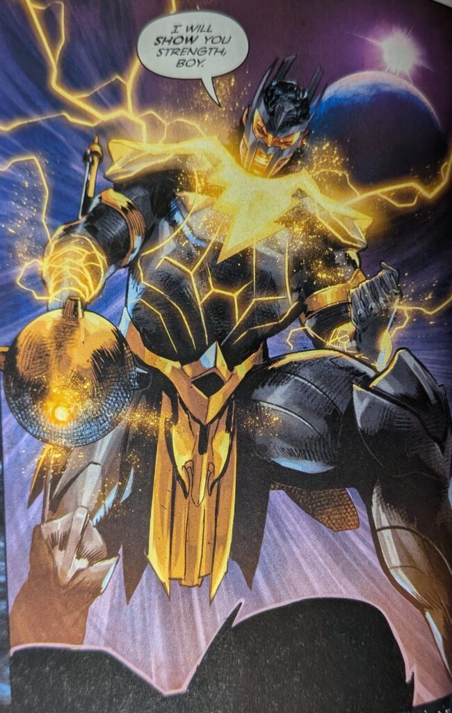 Absolute King Shazam, Teth-Adam, powers up into an almost medieval knight style black and gold armor.