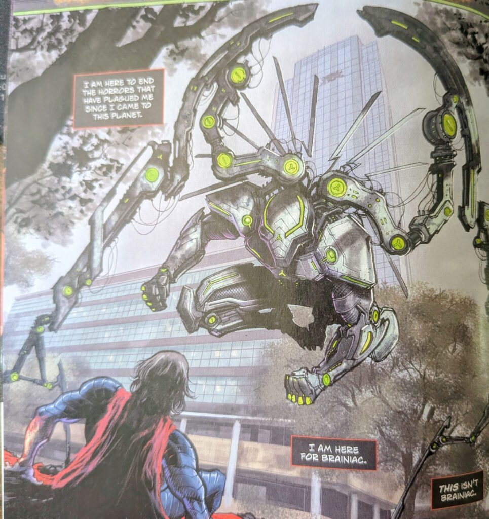 Absolute Metallo, with dark metal android arms and body with green kryptonite embellishments, looming over Absolute Superman who has been knocked down.  