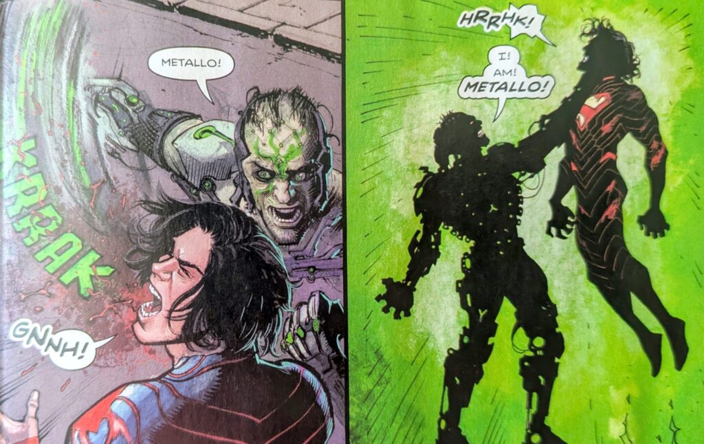 Absolute Superman and Absolute Matello fighting, clearly showing Matello with the upper hand.