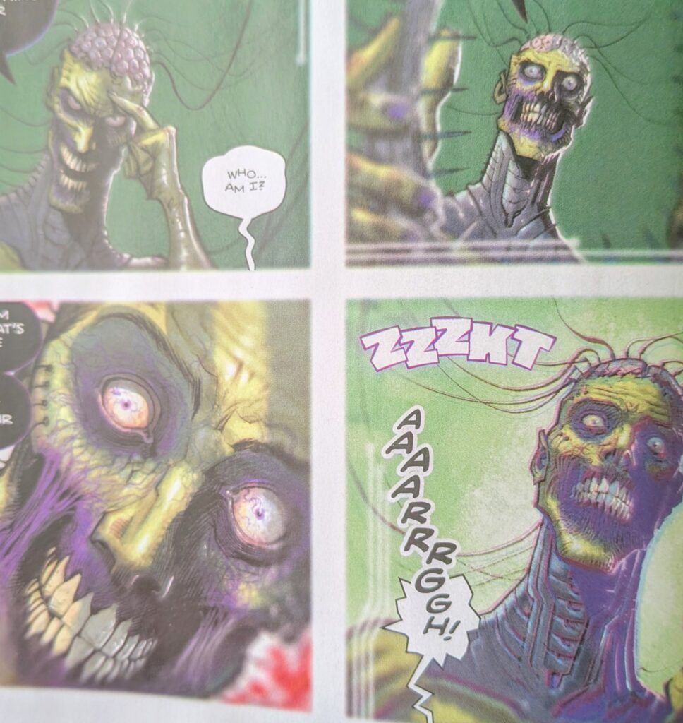 Several comic panels showing Absolute Brainiac looking creepy and unsettling with his big eyes, exposed brain, green skin, missing lips, among other things.