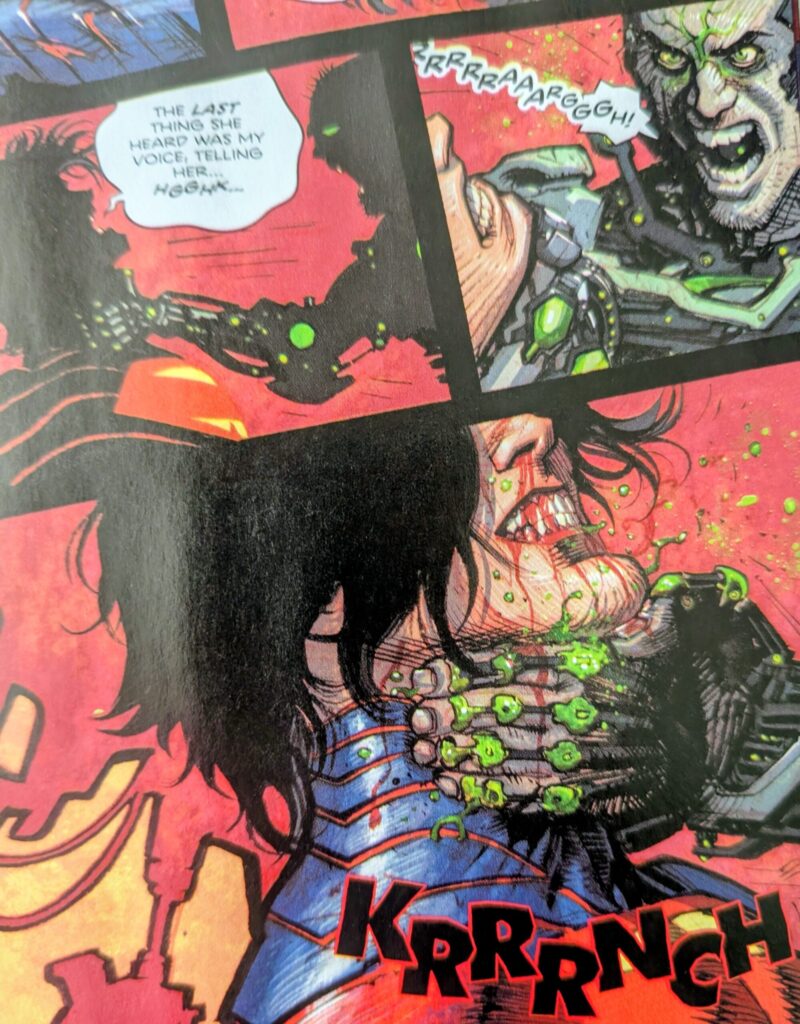Absolute Superman being violently choked by Absolute Matallo while Superman tries to appeal to Matallo's human side.
