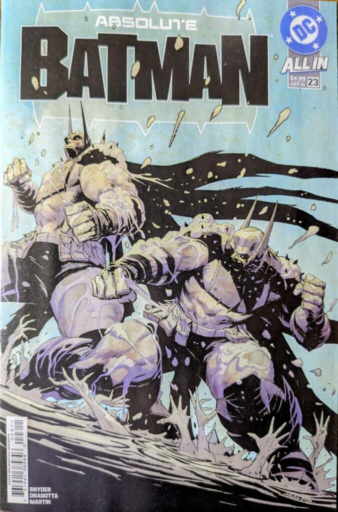 Absolute Batman 23 comic book cover A depicting what appear to be two muddy Absolute Batmans fighting while hands reach up from below. One is meant to be Absolute Clayface in Batman form.