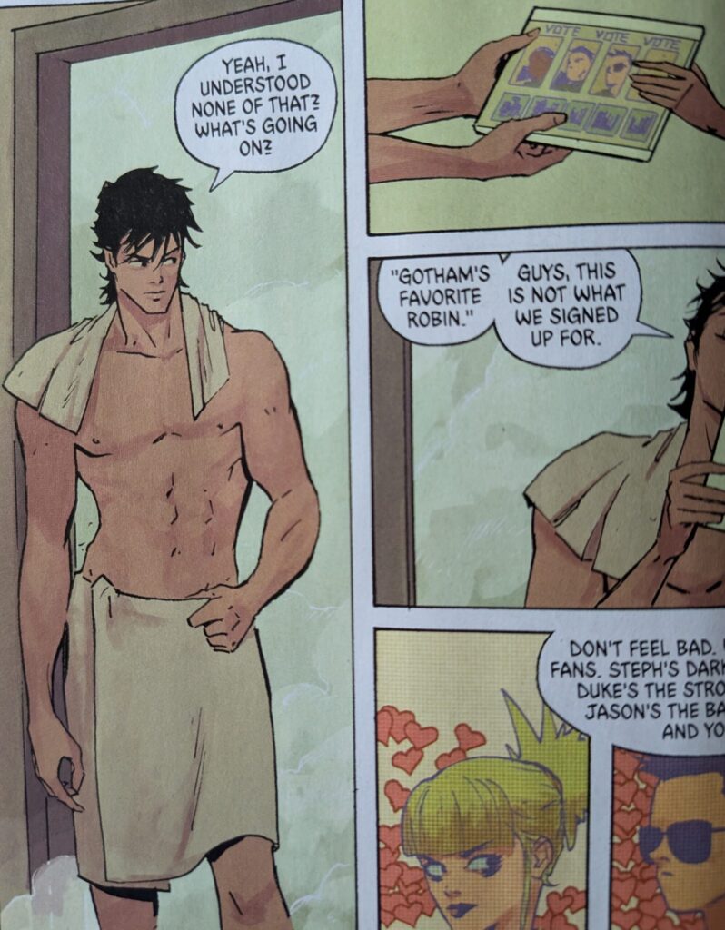 Absolute Robin Dick Grayson in a towel after getting out of the shower as he learns the Absolute Robins are being ranked online.
