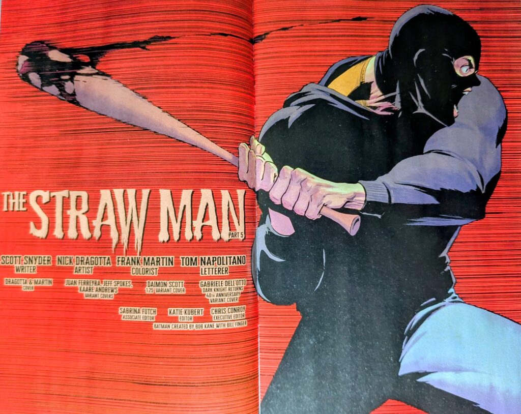 The title page for the strawman part 5, that shows Absolute Falcone's enforcer Bruce swinging a bloody bat against a red backdrop.