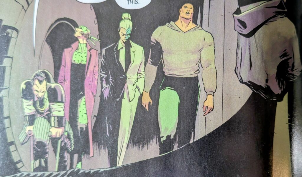 Absolute Penguin, Absolute Riddler, Absolute Two-face, and Absolute Killer Croc come to help a reluctant, if not hostile, Absolute Batman.