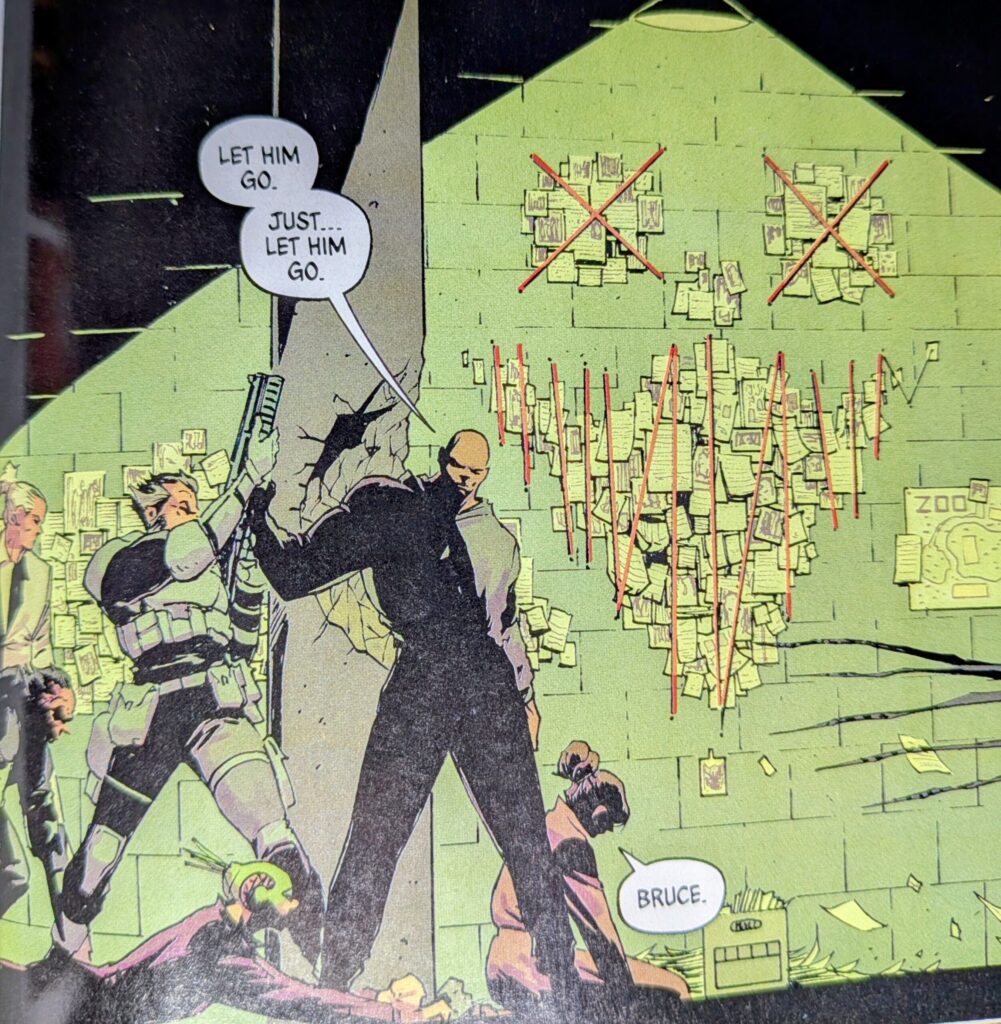 Absolute Batman's friends and family letting Bruce leave, as his Absolute Scarecrow red string conspiracy wall is shown in the background.