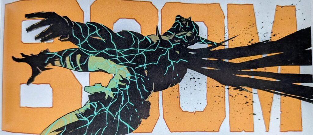 Absoltue Batman getting shot with the non lethal shotgun from issue one by Pennyworth. It makes an impact shown by an almost electrical blue cracking pattern and a large "BOOM" in the background.