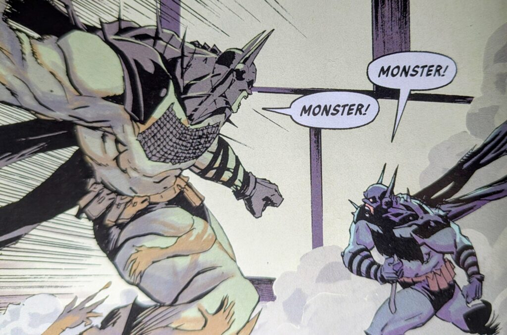 Absolute Batman fighting Absolute Clayface in the form of Absolute Batman. A body lays just off panel.