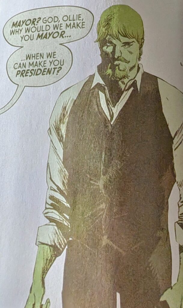Oliver Queen in a green older style flashback as someone asks why they would make him mayor when they can make him president.