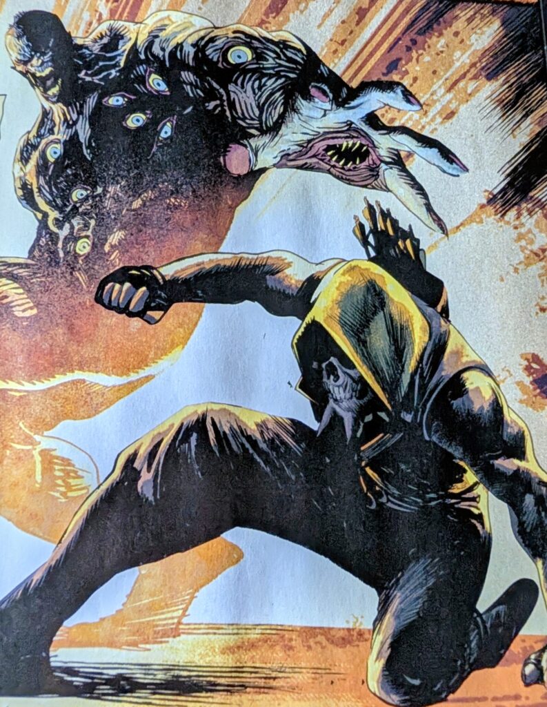 Absolute Solomon Grundy with eyes all over his body and mouths in his hands fighting Absolute Green Arrow.