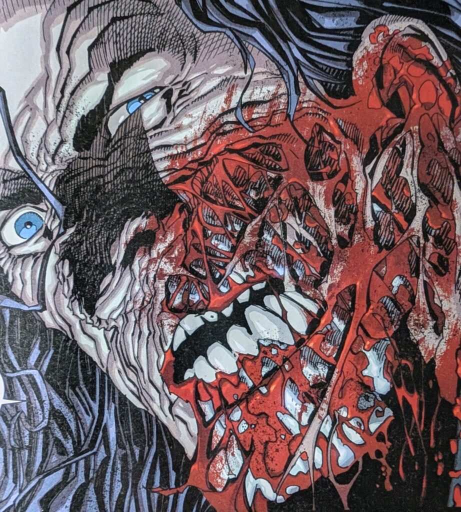 Dominik, or Breaker, shown missing his  nano-skin in a bloody mess on the bottom left of his face.