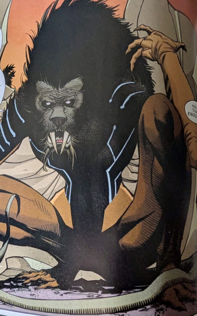 Halle / Thrasher's almost chimera type animal form with a sabertooth type head, human like torso, giant squatting legs, and long tail.