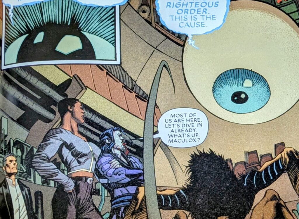 Maculox, the giant floating blue eyeball giving a mission to members of the Activators - Crusher, Breaker, Thrasher, Theed.