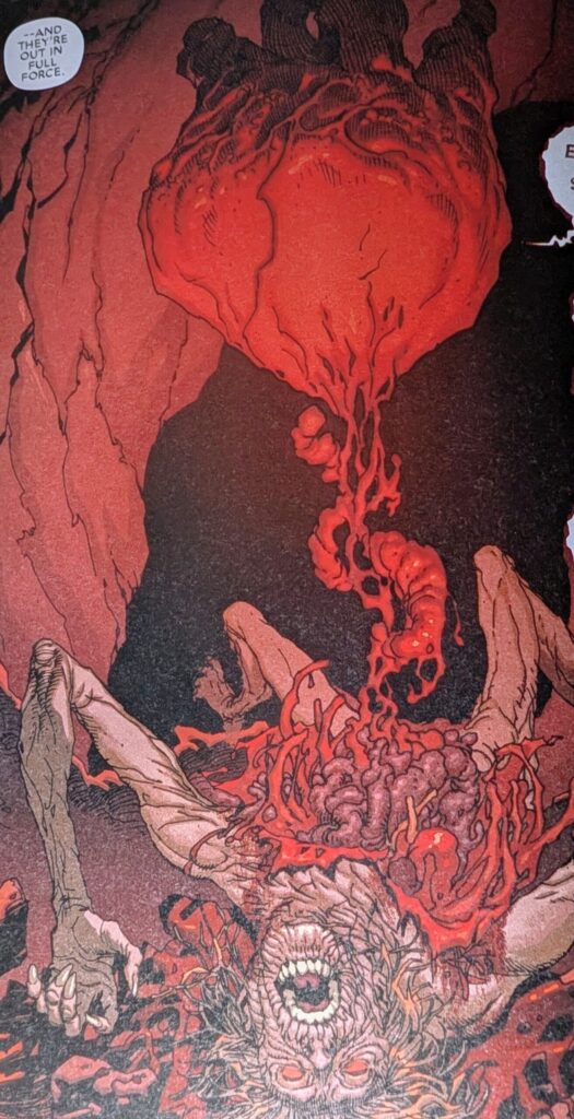 A giant red heart floating above a shriveled body speaking to Siren, potentially The Awoke's version of the Activators' Maculox, the giant blue eyeball.