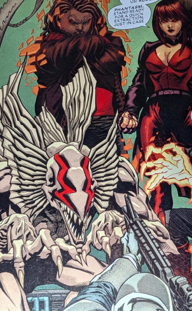 The Awoken as Siren gives orders to the team. , Minotaur, Goblin, and Im's hand can be seen.