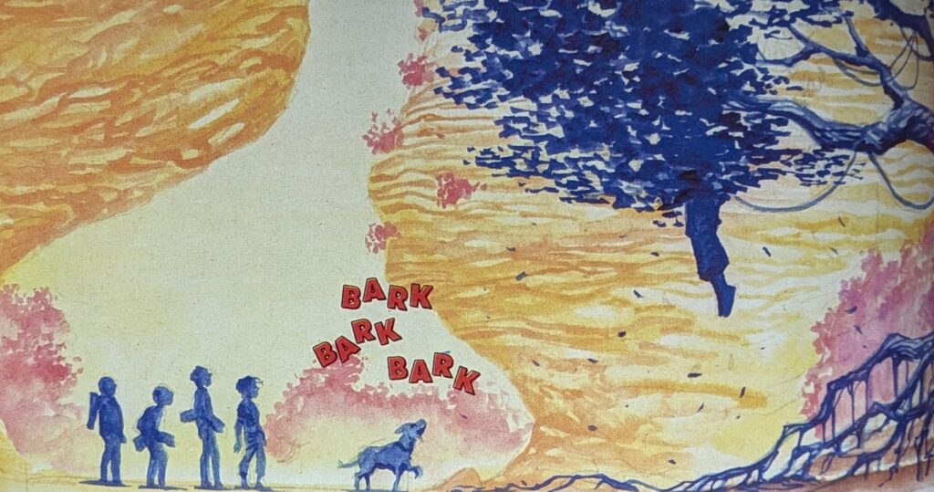 A flashback showing Clark, Kal El, with Absolute Krypto and three other Kryptonian kids looking to find a dead body in a Stand By Me style opening.
