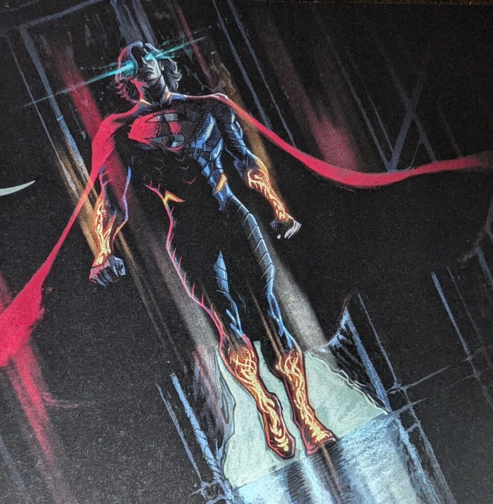 Absolute Superman aura farming walking into a dark room through a broken door with orange fire on his arms and legs, red color pop on his cape, and glowing blue eyes.
