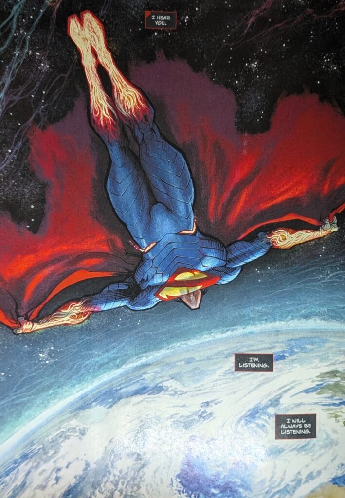 Absolute Superman flying above the world listening.