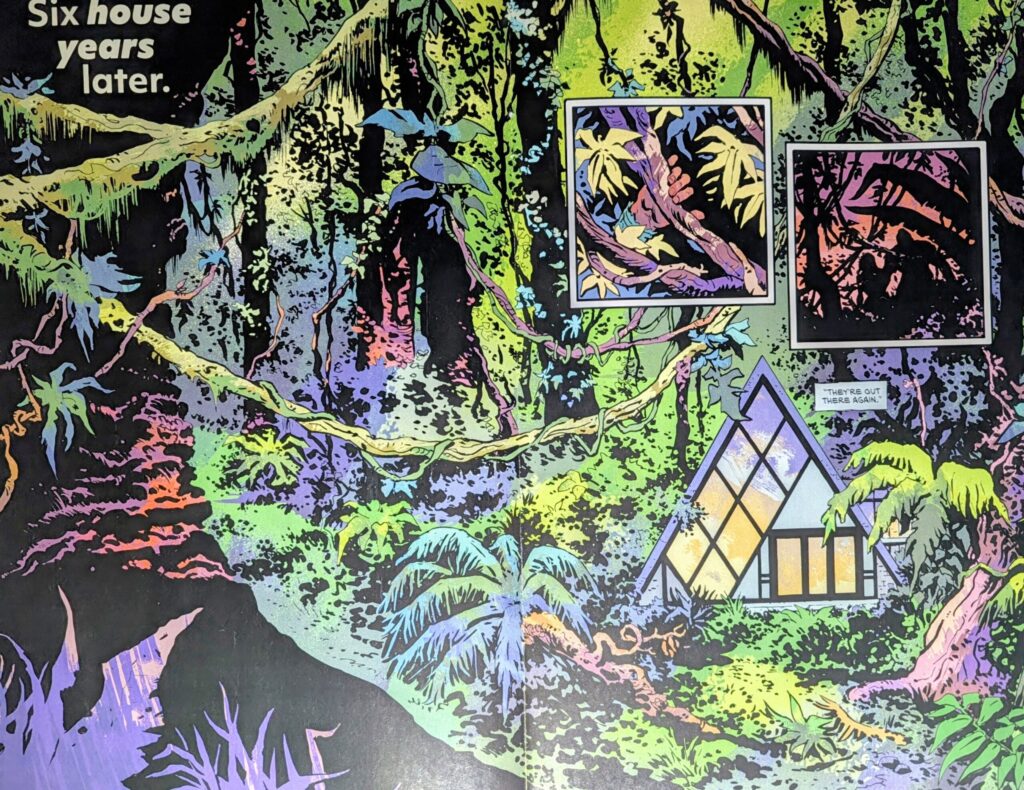 The house is surrounded by a landscape that is more like an overgrown jungle.