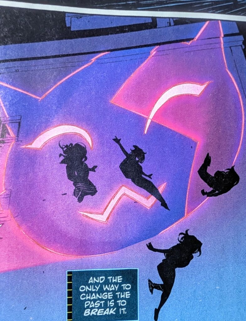A flashback showing the silhouette of the Calicos jumping in front of a giant pink cat signal.