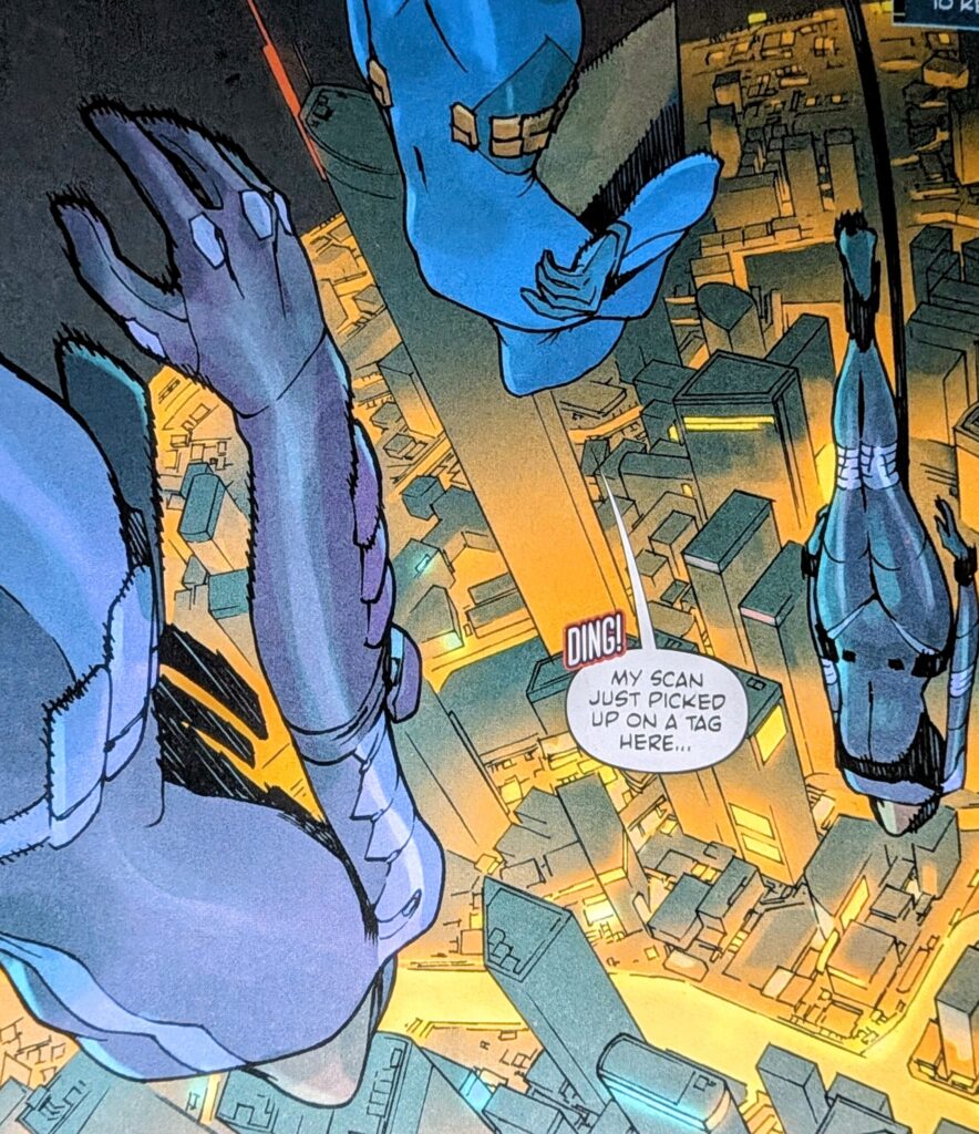Three Calicos, including Absolute Catwoman, falling through the sky down towards the city towards Holly, Cassandra Cain, and the Yarn.