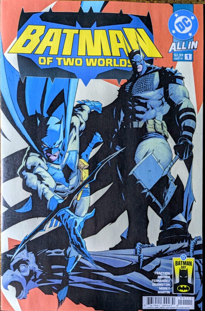 Batman of Two Worlds comic book cover dipicting Matt Fraction’s current Batman and Scott Snyder’s Absolute Batman.