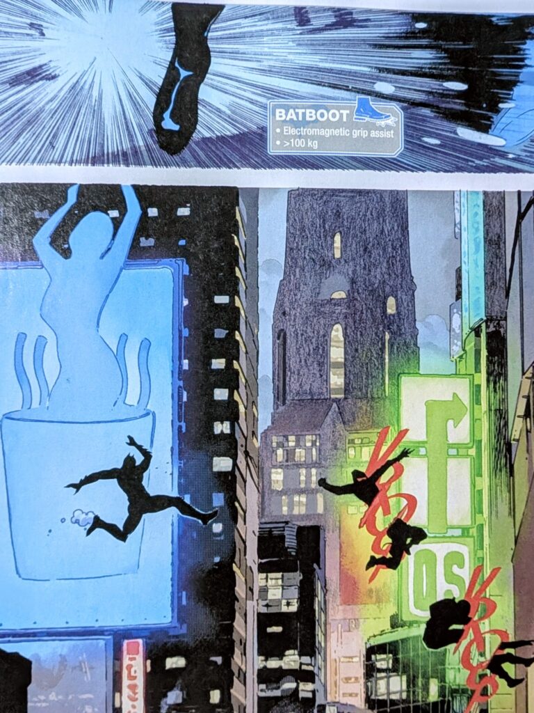 Batman Batboot tech call out and Batman chasing two guys across roof tops.