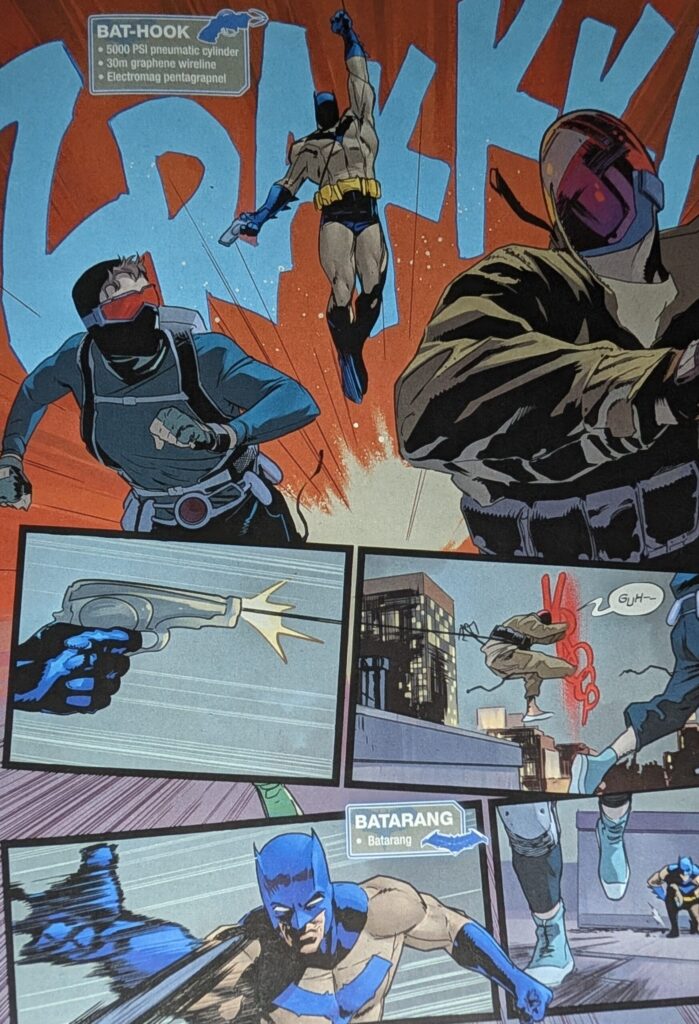 Batman catches up to the two guys running away. We get two more tech call outs - Bat-hook and Batarang.