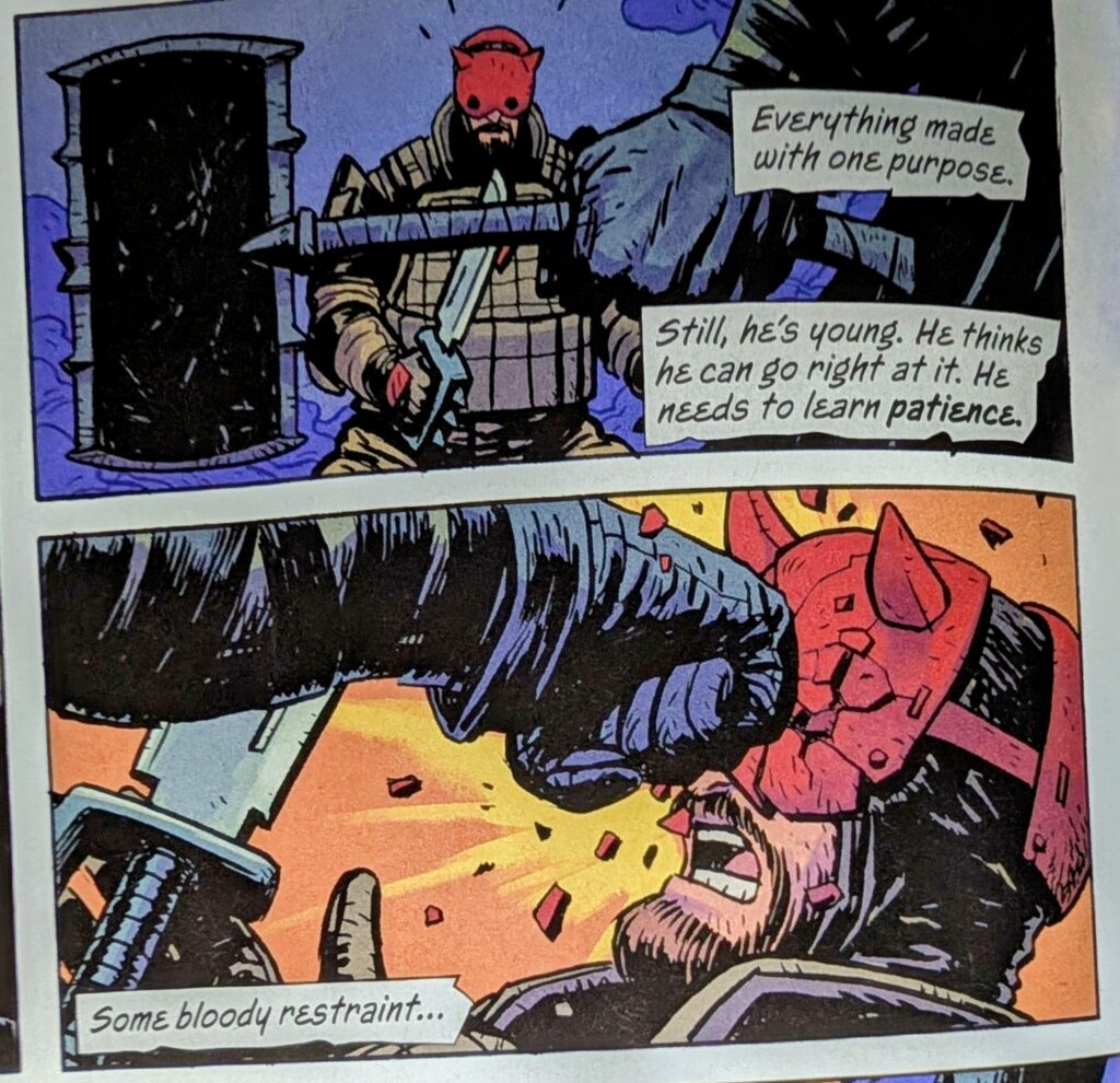 Absolute Batman with his giant Bat axe and smashing a bank robber's mask with his fist.