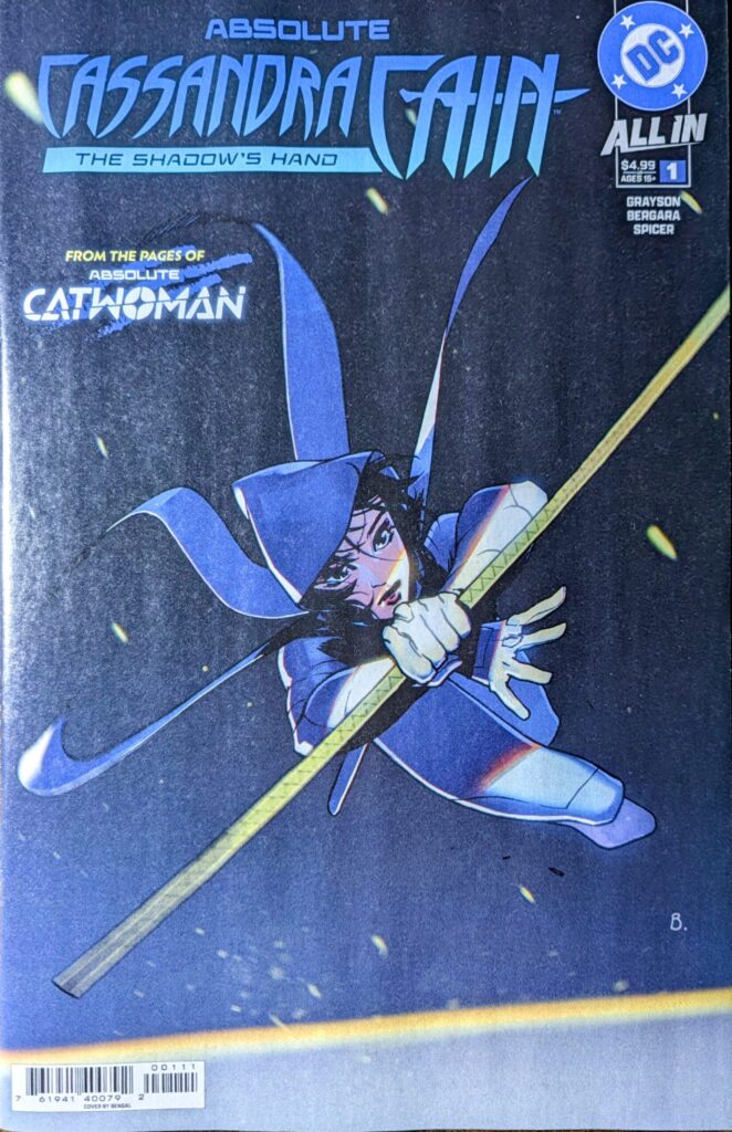 Absolute Cassandra Cain: The Shadow's Hand #1 one-shot comic book cover A featuring Cassandra Cain launching towards the reader on a blue background.