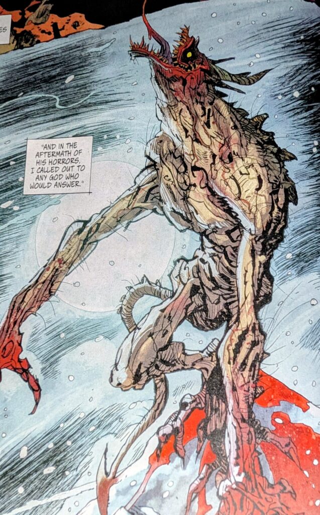 Tall ragged creature, Absolute Joker, under a caption about calling out to any god who would answer