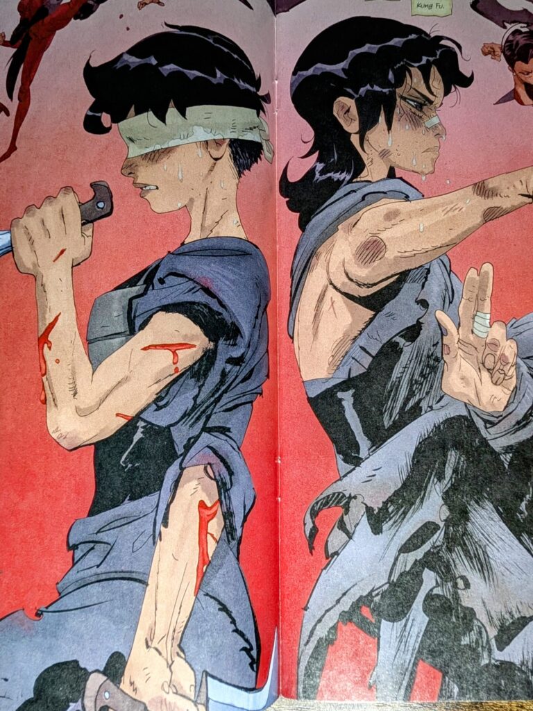 Cass in a bloody training montage, blindfolded with knives then in a kung fu stance