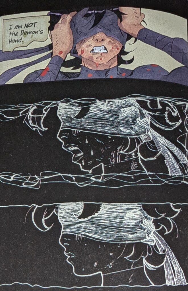 Cass declaring she is not the Demon's hand then black-and-white profile panels