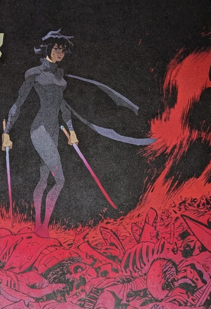 Cass standing with two swords over a red battlefield