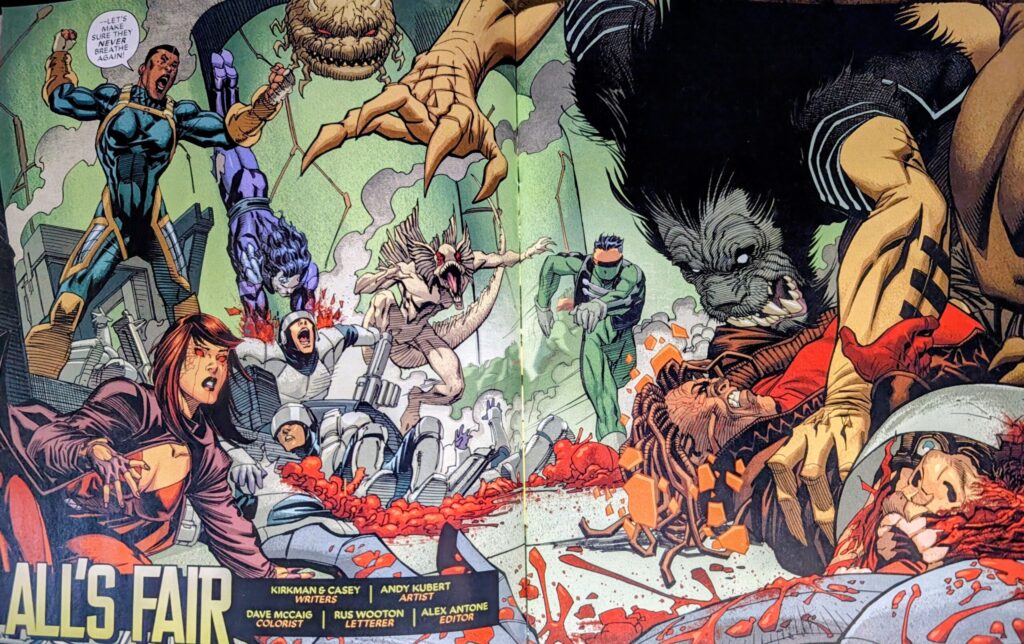 Liberators and Oppressors fighting across a double-page splash