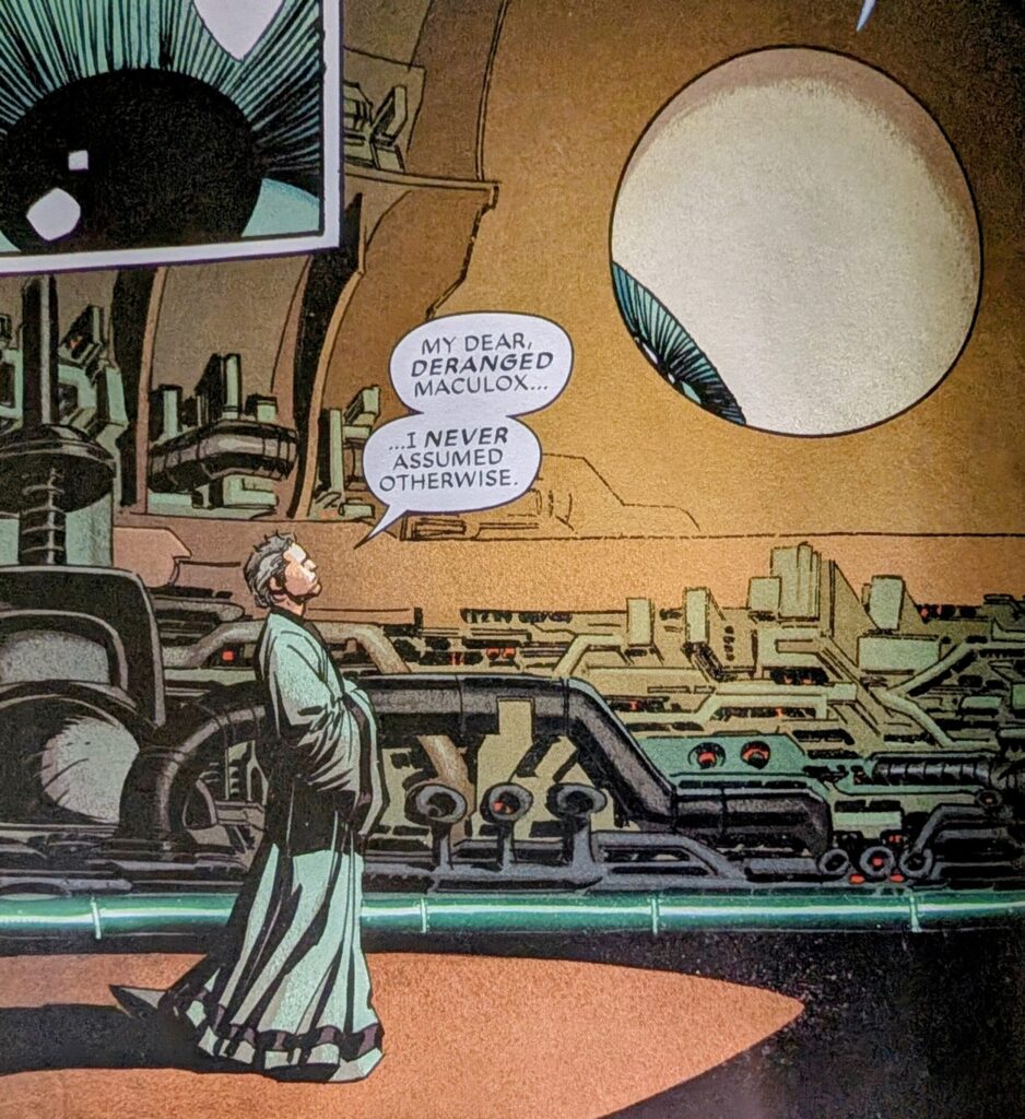 Theed in robes facing Maculox, the giant eye