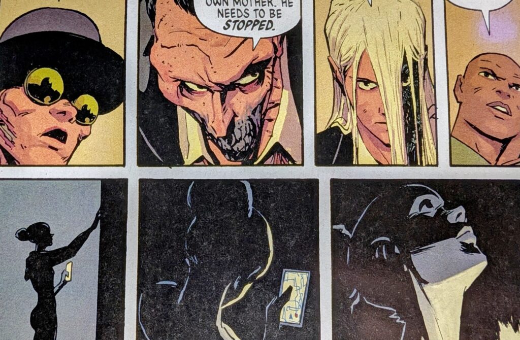 Absolute Riddler, Absolute Penguin, Absolute Two-Face, and Waylon over panels of Barbara Gordon searching